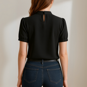 Isabelle ™ | Zwarte Geplooide Blouse Met Gespleten Mouwen